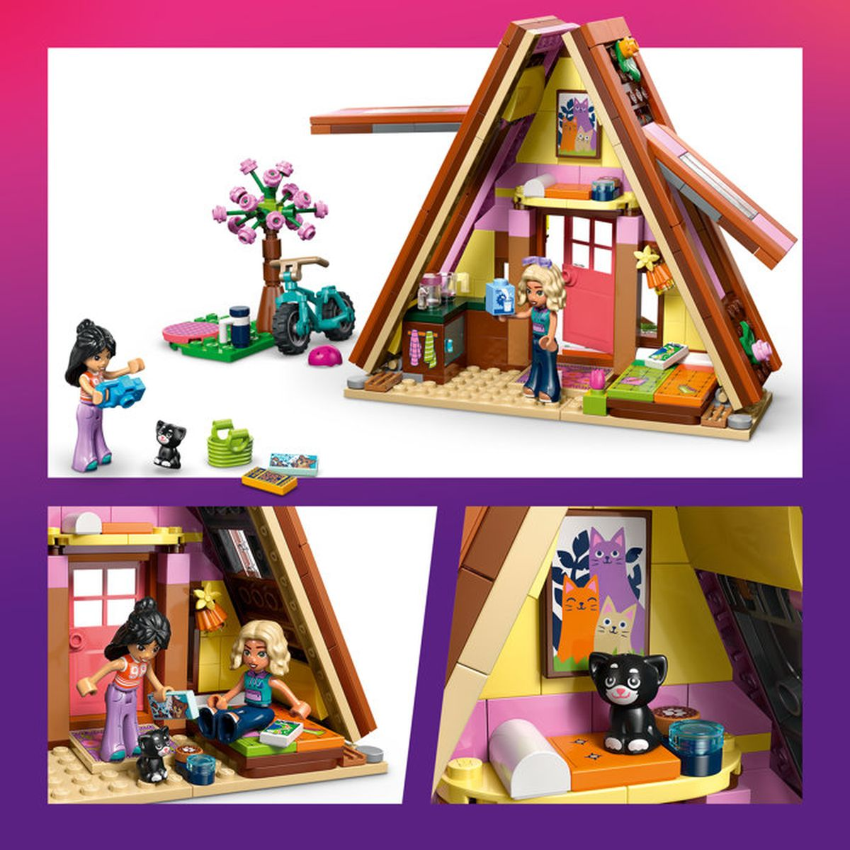 Giocattoli Lego con due bambine, gatti, casa e bicicletta.