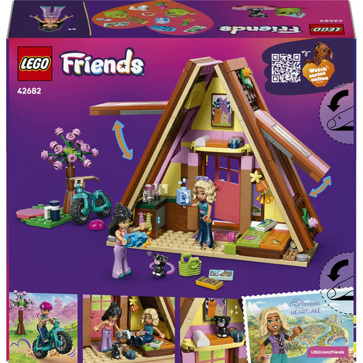 Casa sull'albero Lego Friends con figure, bicicletta e accessori su sfondo viola.