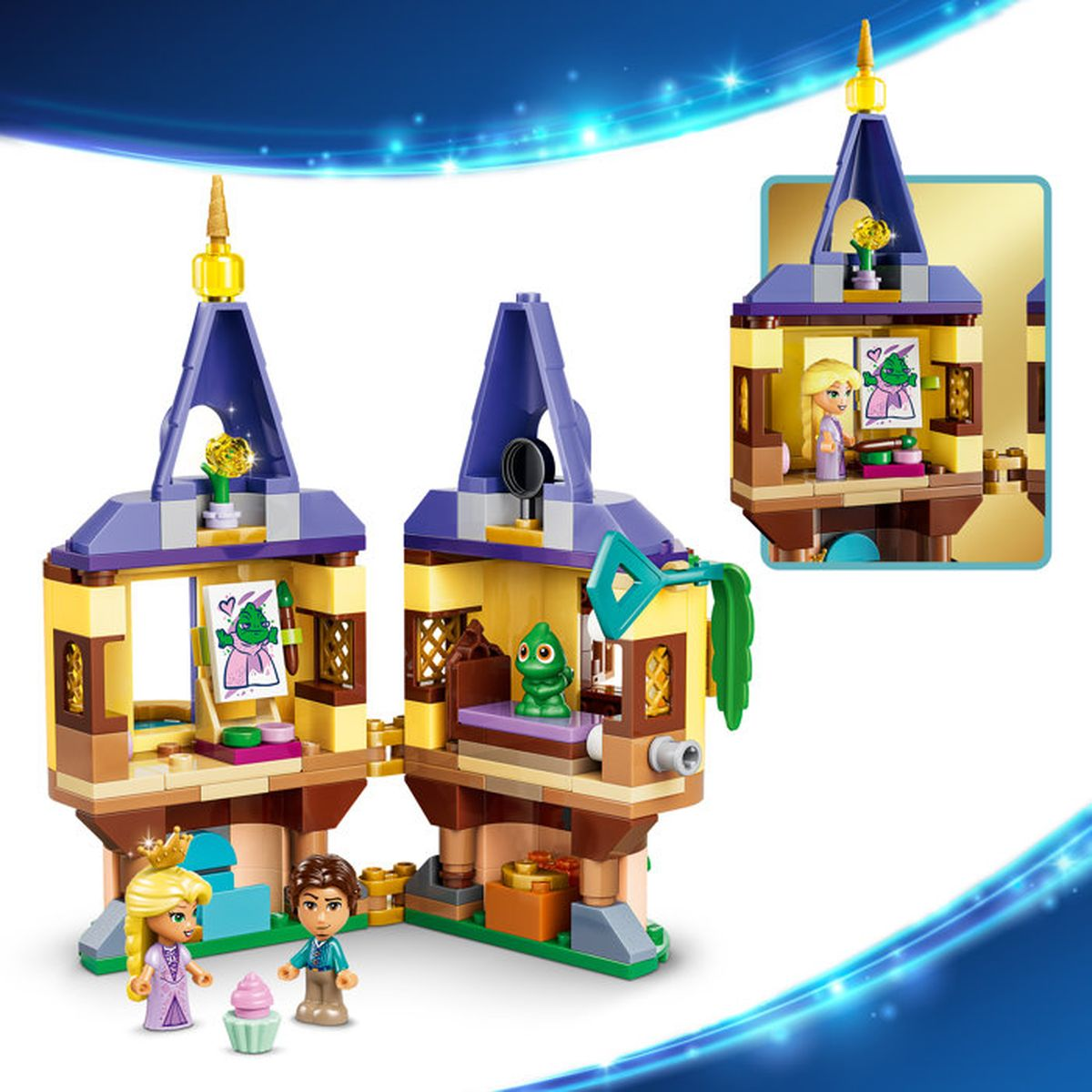 Torre LEGO con Rapunzel, Eugene, Pascal e un cupcake.
