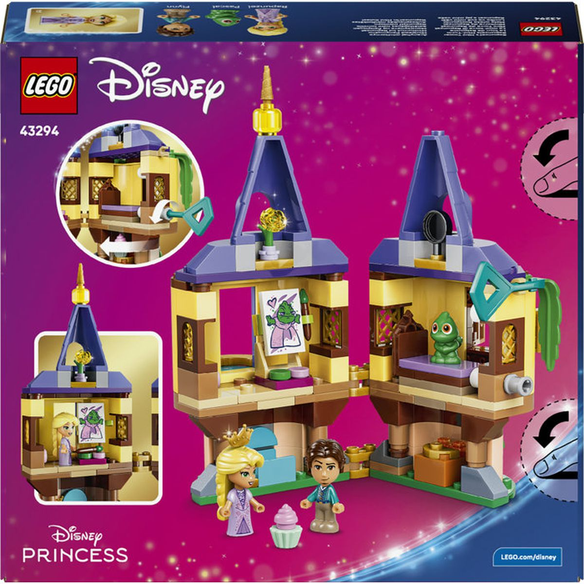 Torre Lego Disney Rapunzel con figure di Rapunzel e Flynn, un camaleonte e un cupcake.