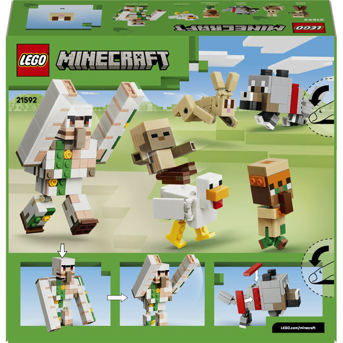 Lego Minecraft oyuncakları: Golem, tavşan, kurt, tavuk ve köylü.