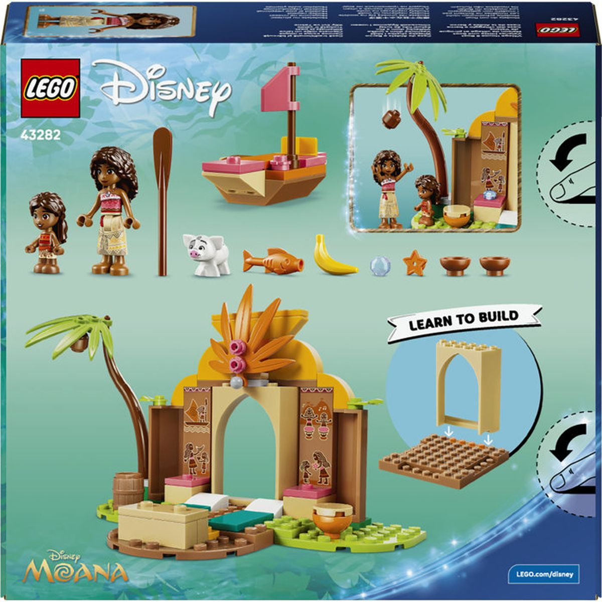 Set di costruzione LEGO Disney Moana con figure, barca, casa e accessori.