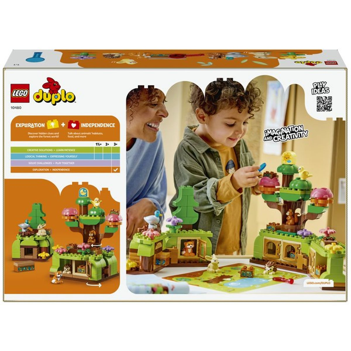 Scatola LEGO Duplo con bambini che costruiscono una foresta giocattolo. Focus creatività.