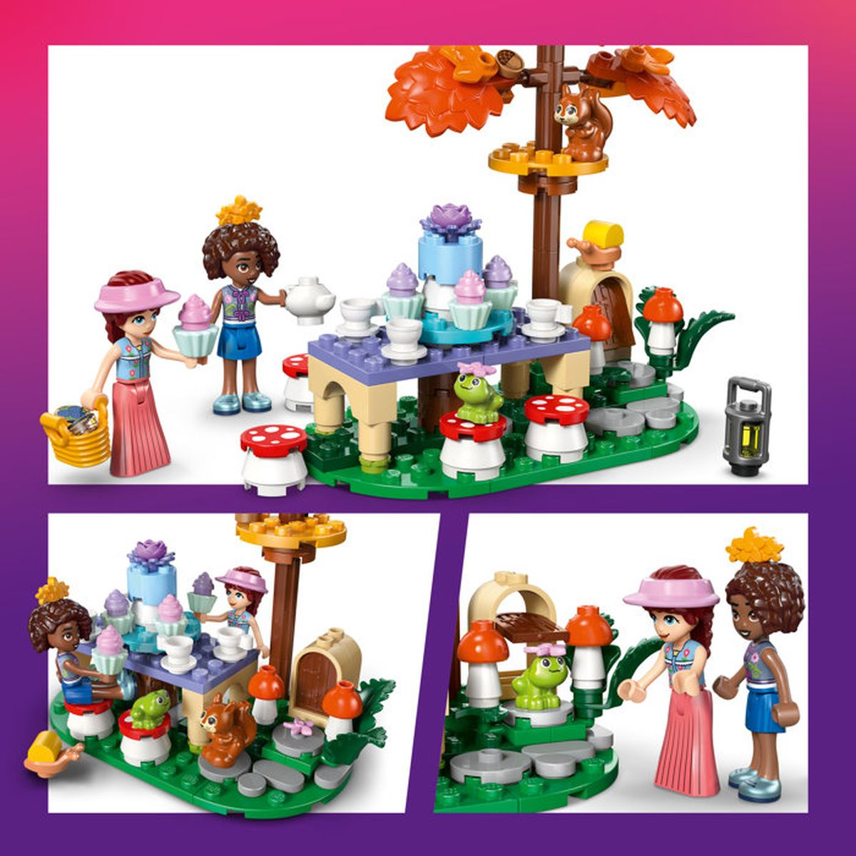 Personaggi LEGO a un tè nel bosco con funghi e uno scoiattolo.