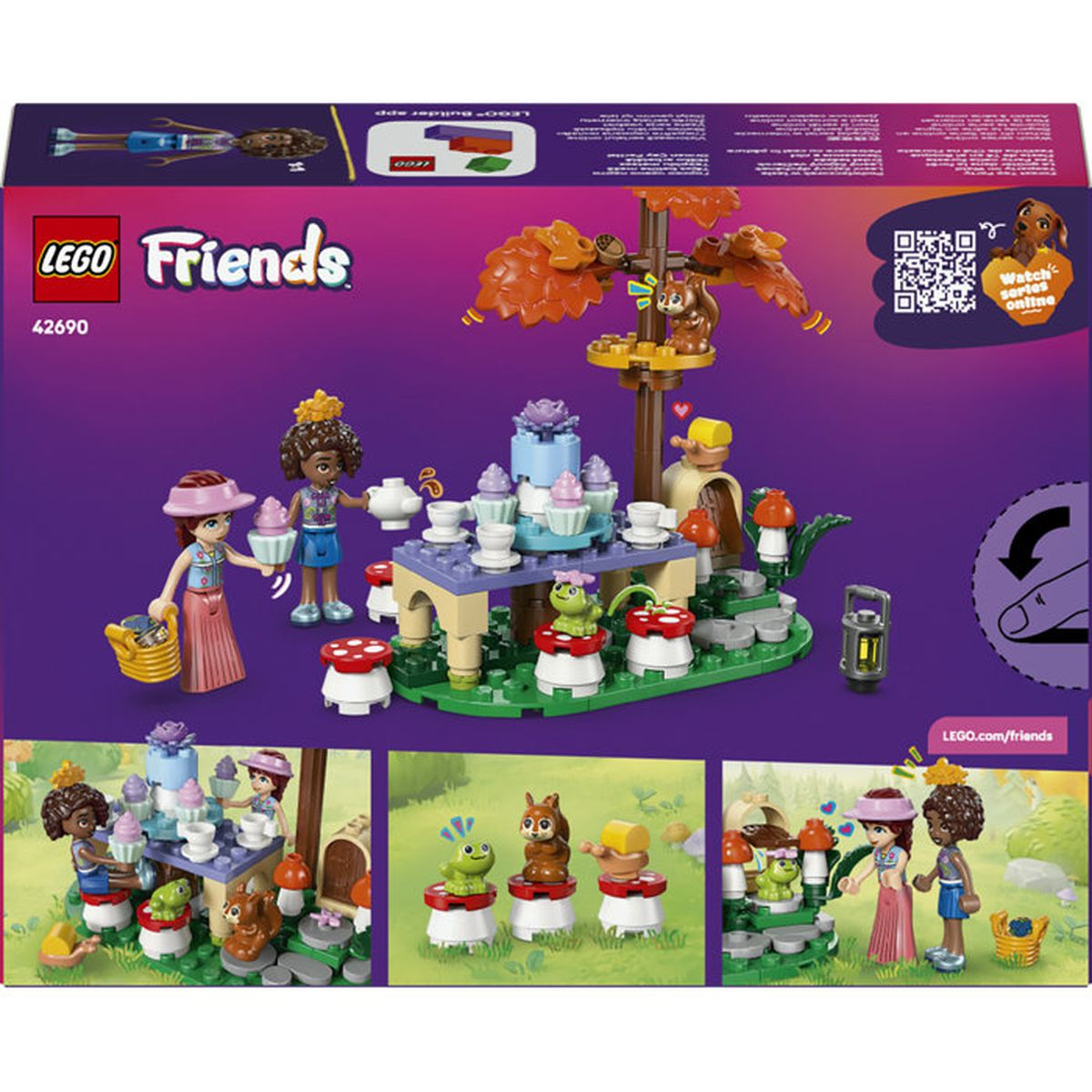 Set LEGO Friends con mini-doll, cupcake e creature del bosco.