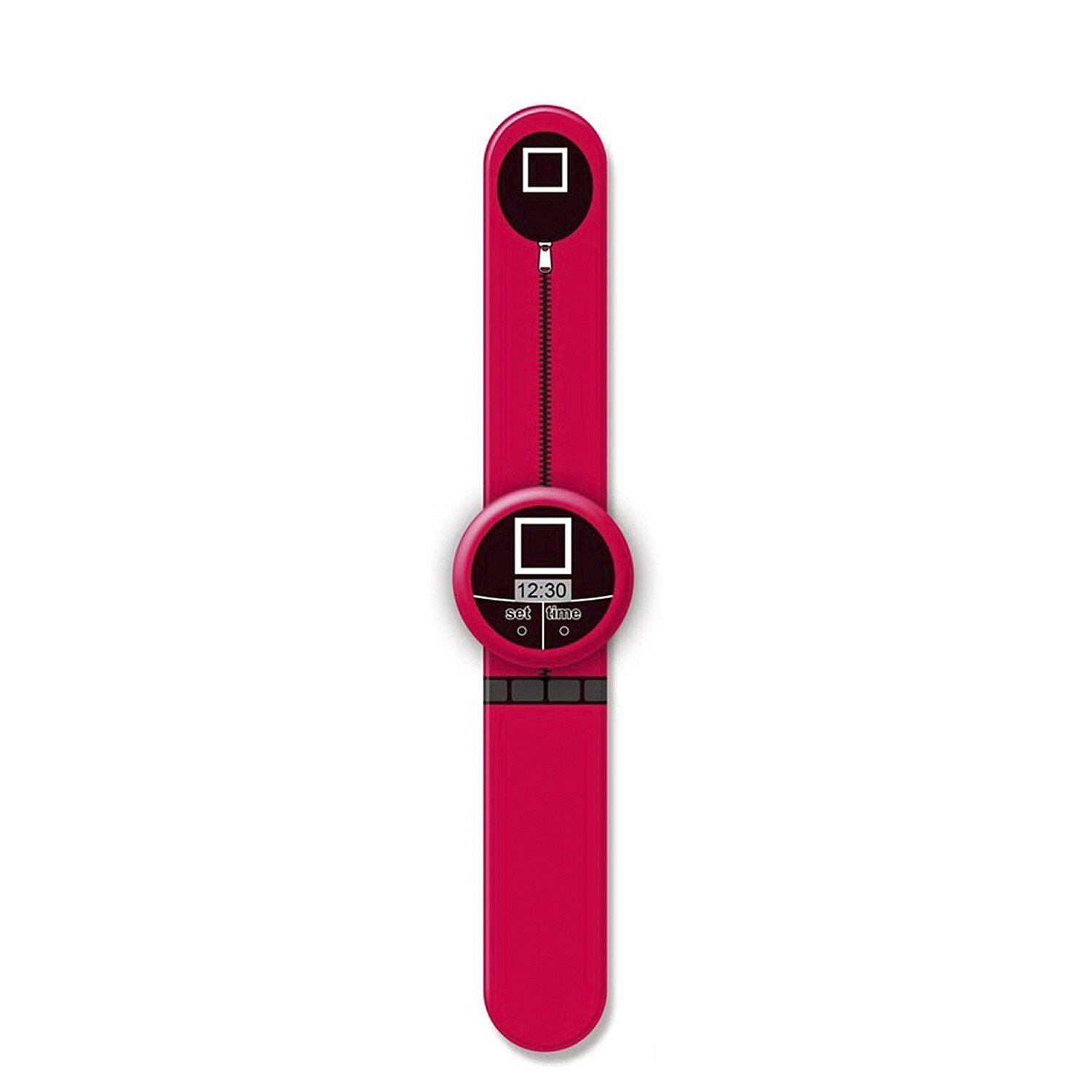Un cinturino rosso con zip e display digitale che mostra le 12:30.