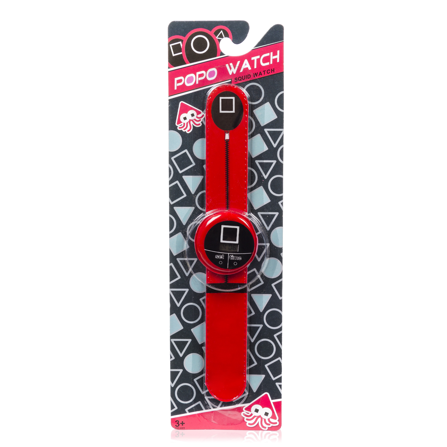 Un giocattolo orologio rosso ispirato a Squid Game in confezione con motivi geometrici.