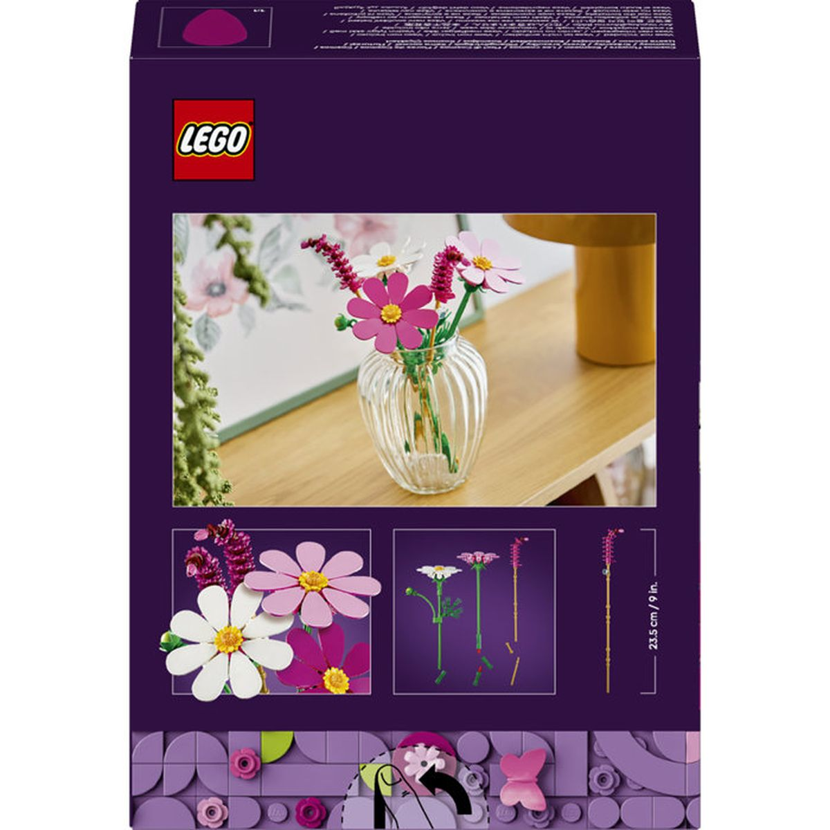 Fiori Lego in un vaso su uno scaffale.