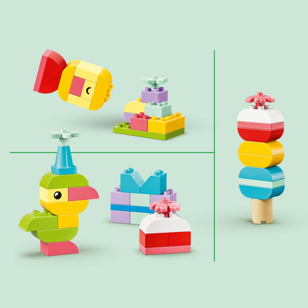 Bloques de construcción coloridos con forma de caramelo, helado y animales.