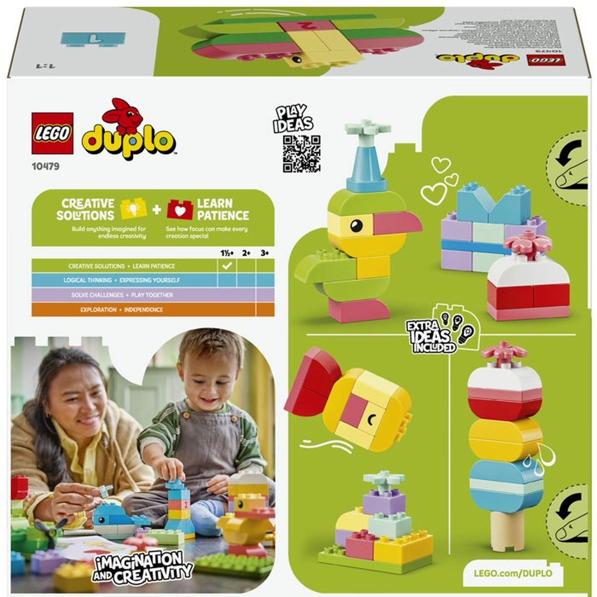 Caja LEGO Duplo con bloques de construcción coloridos, pájaro y pez.
