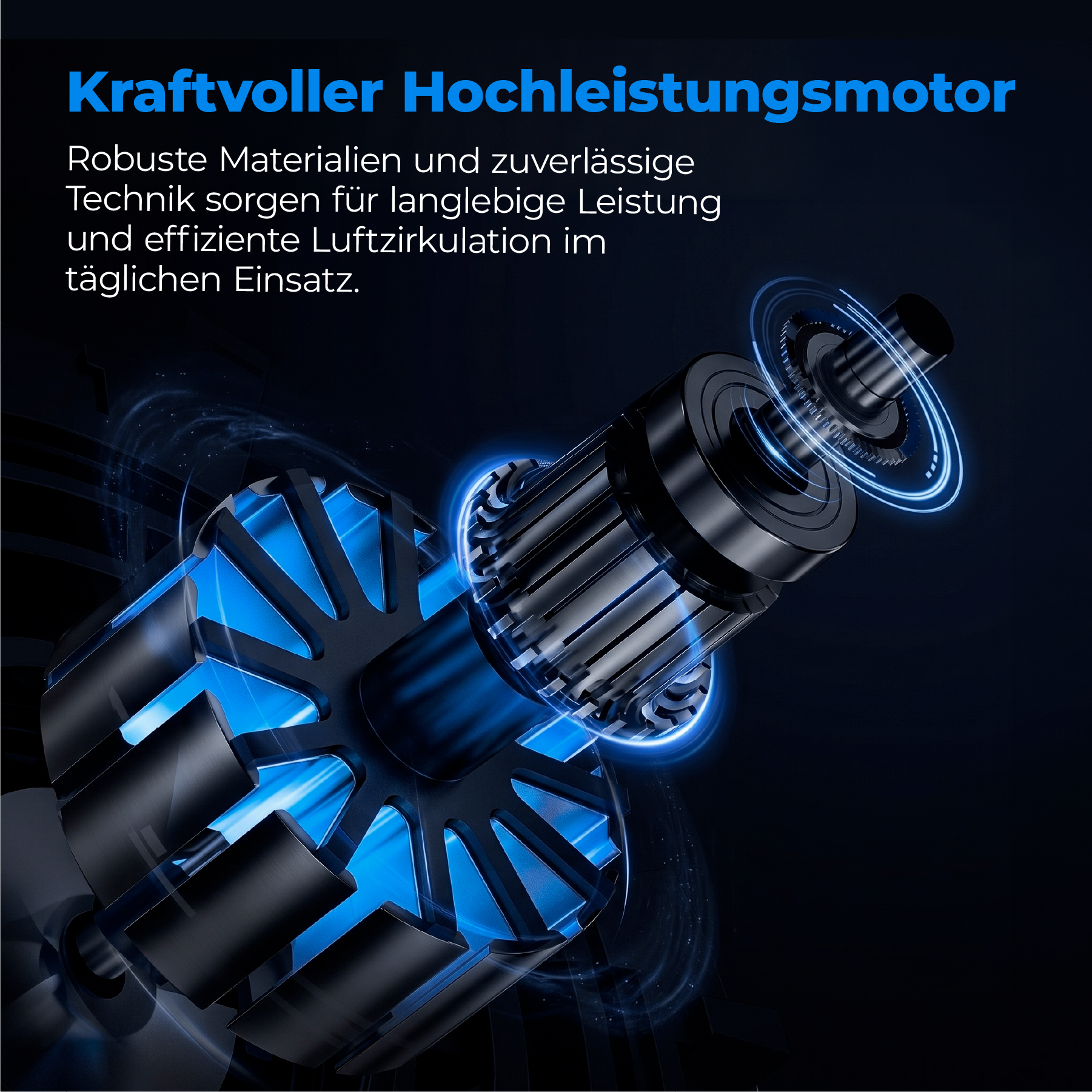 Nahaufnahme eines leistungsstarken Motors mit blauen Leuchtelementen und dunklem Hintergrund.