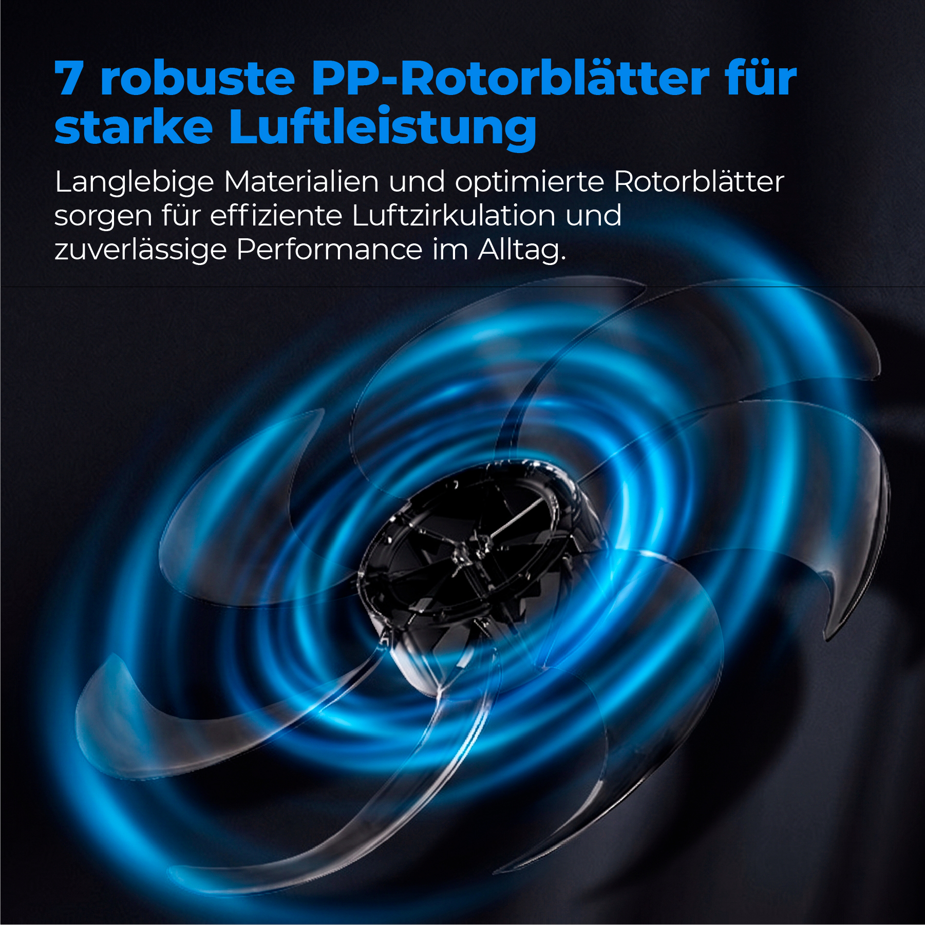 Ein Lüfter mit sieben transparenten Rotorblättern und blauen Lichteffekten.