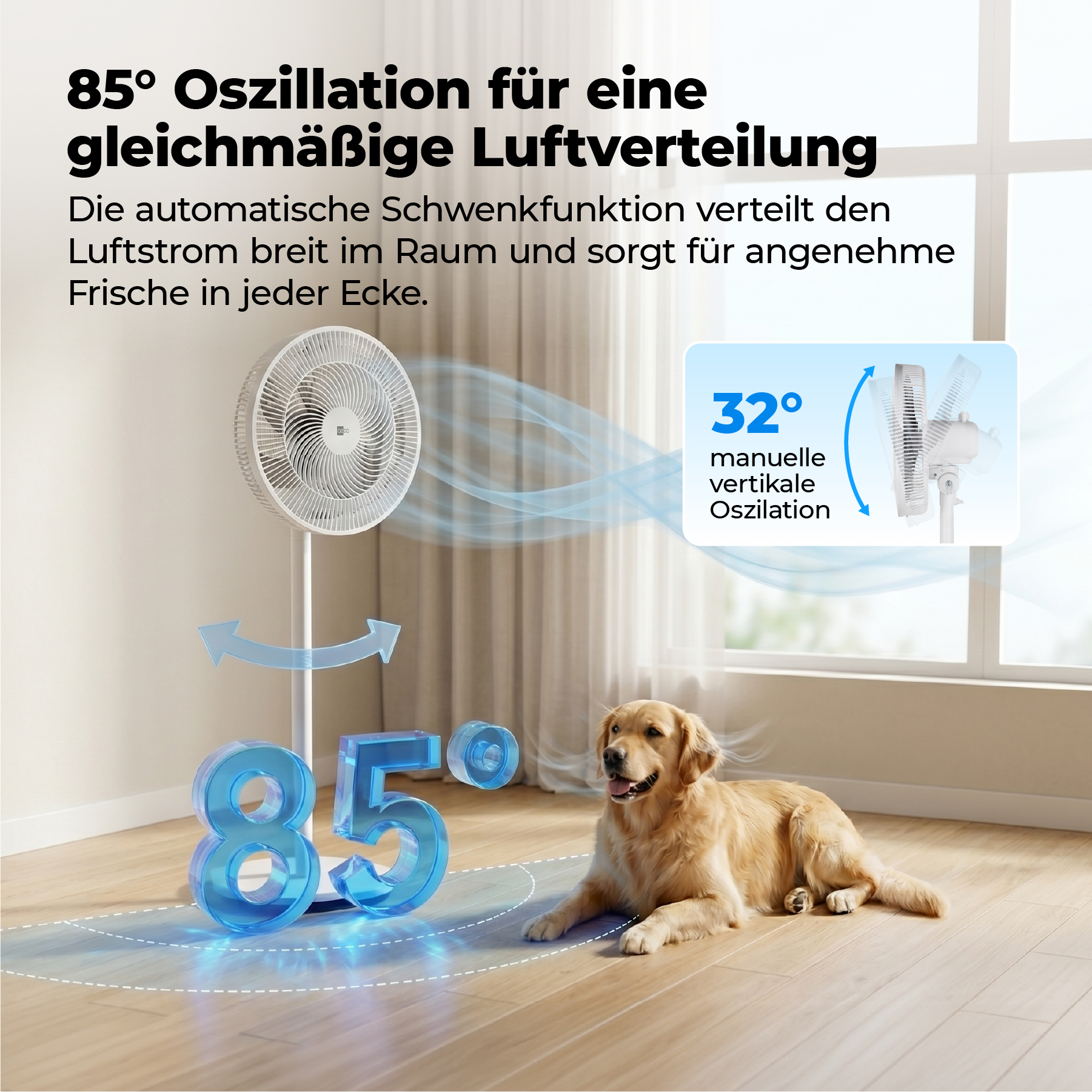 Ein Ventilator mit 85° Oszillation, ein Hund liegt auf dem Boden.