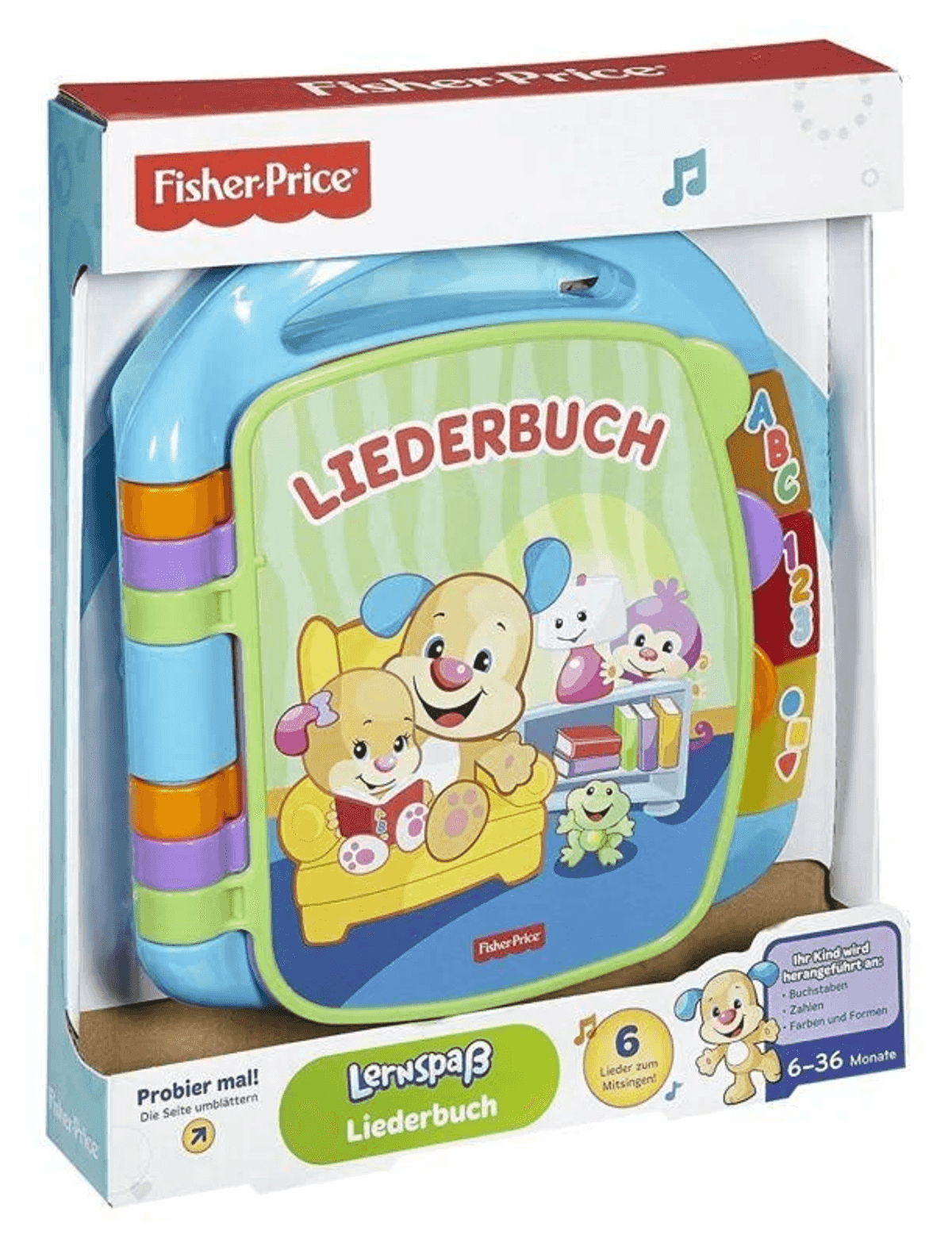 Ein Fisher-Price Lernspielzeug-Liederbuch mit bunten Hunden, einem Affen und einem Frosch.