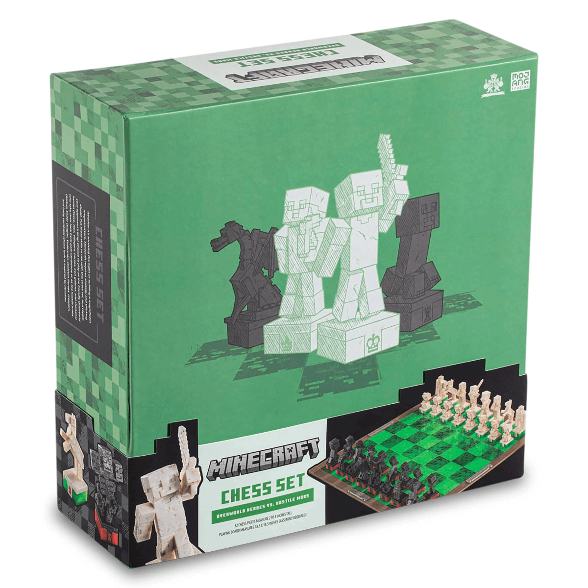 Ajedrez Minecraft: Héroes vs. Mobs Hostiles con piezas y tablero.