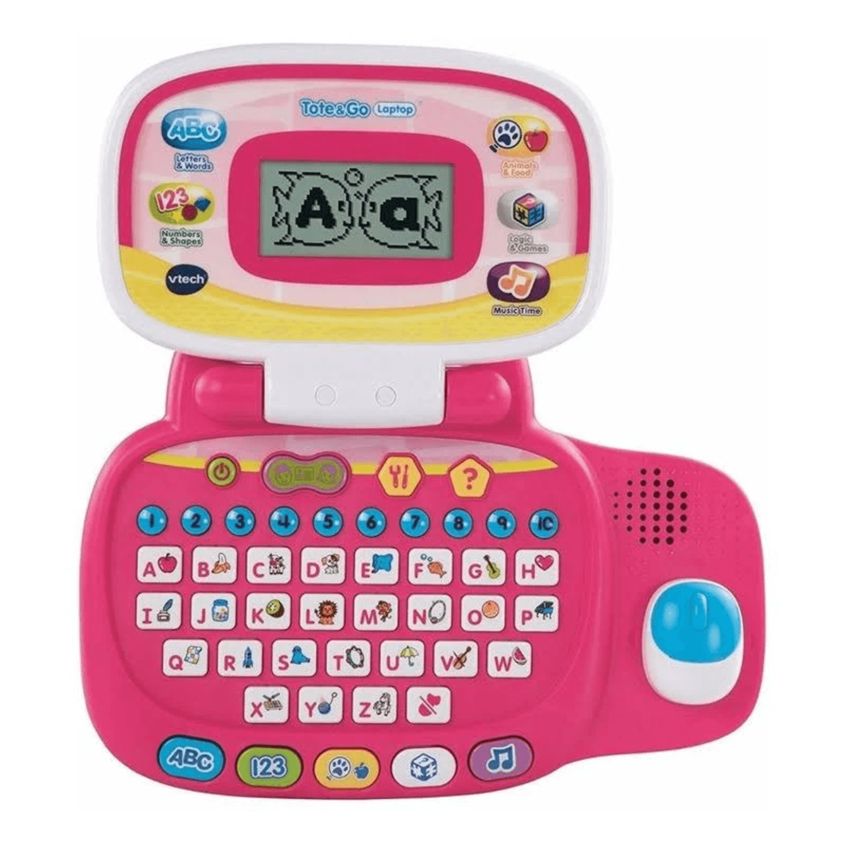 Un portátil rosa VTech Tote & Go con botones ABC y 123, teclado y pantalla.