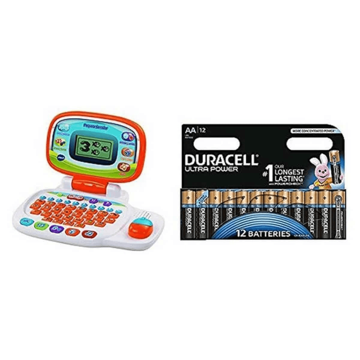 Un portátil de juguete blanco y naranja junto a un paquete de 12 pilas Duracell AA.