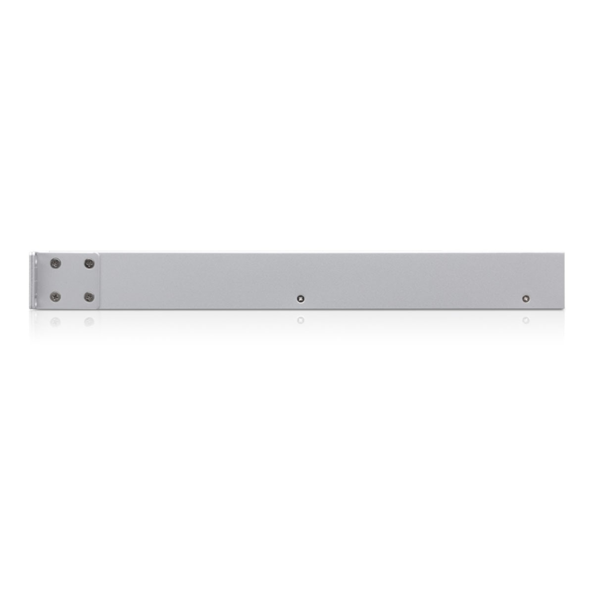 Scatola switch di rete argentata con fori di montaggio anteriori.