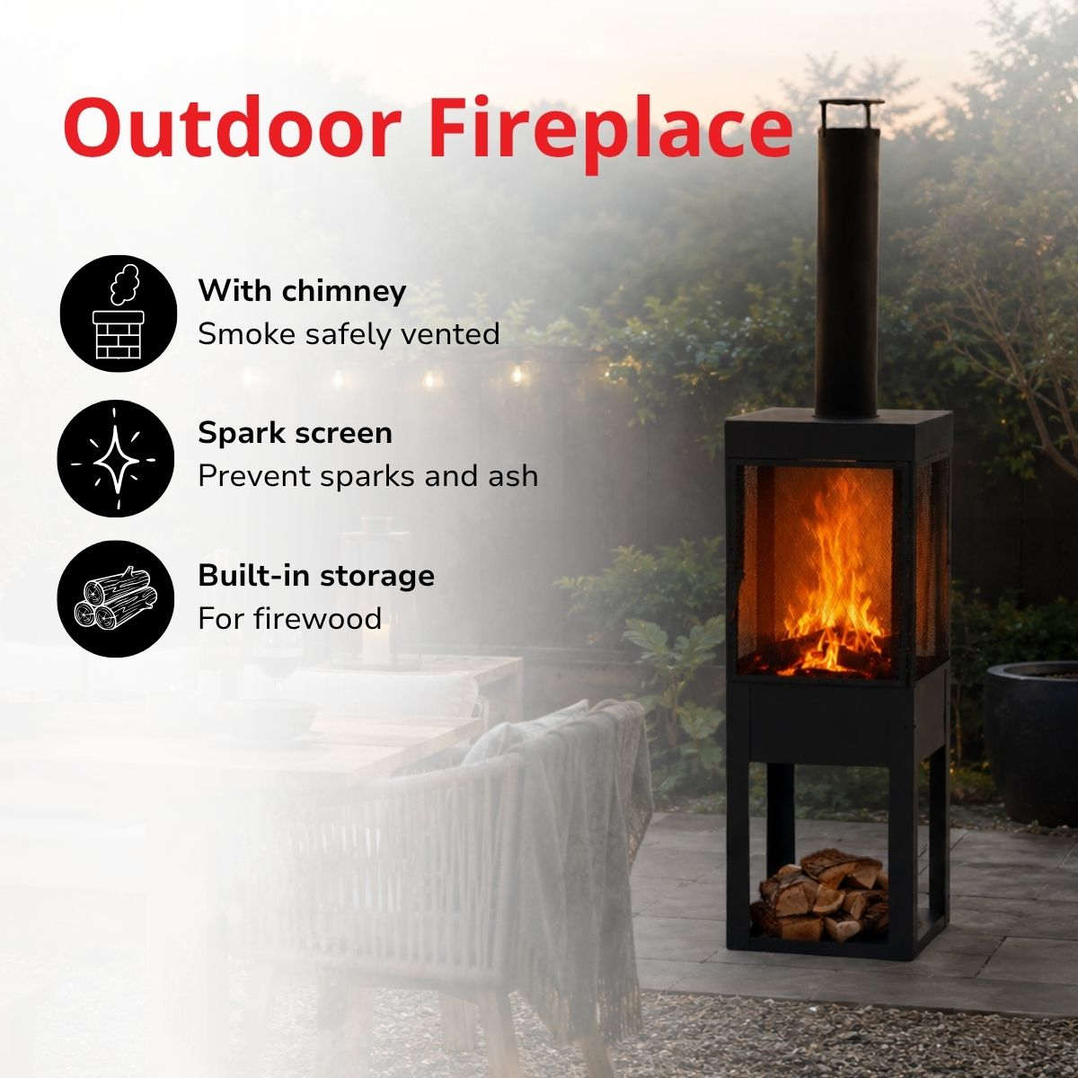 Modern black outdoor fireplace with fire and wood storage.
