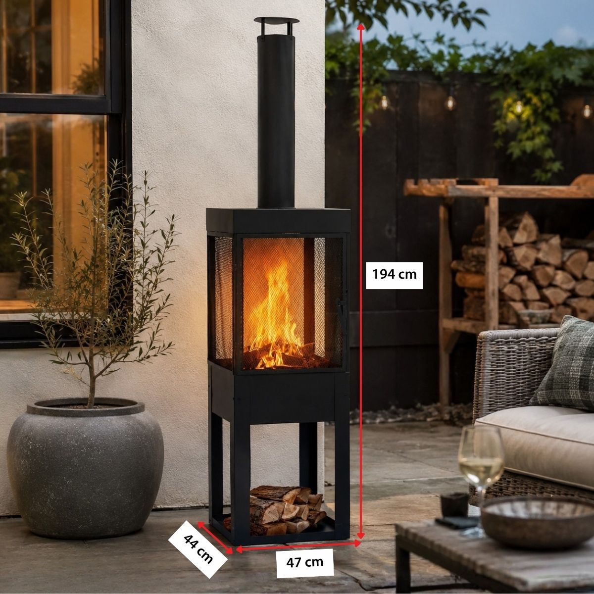 A black metal fireplace with a burning fire, 194 cm tall, 47 cm wide.
