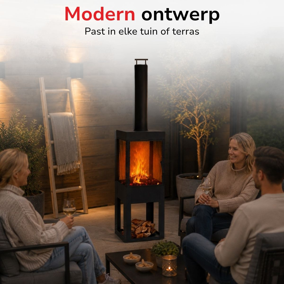 Couple enjoys an outdoor fire pit with drinks and snacks, modern design.