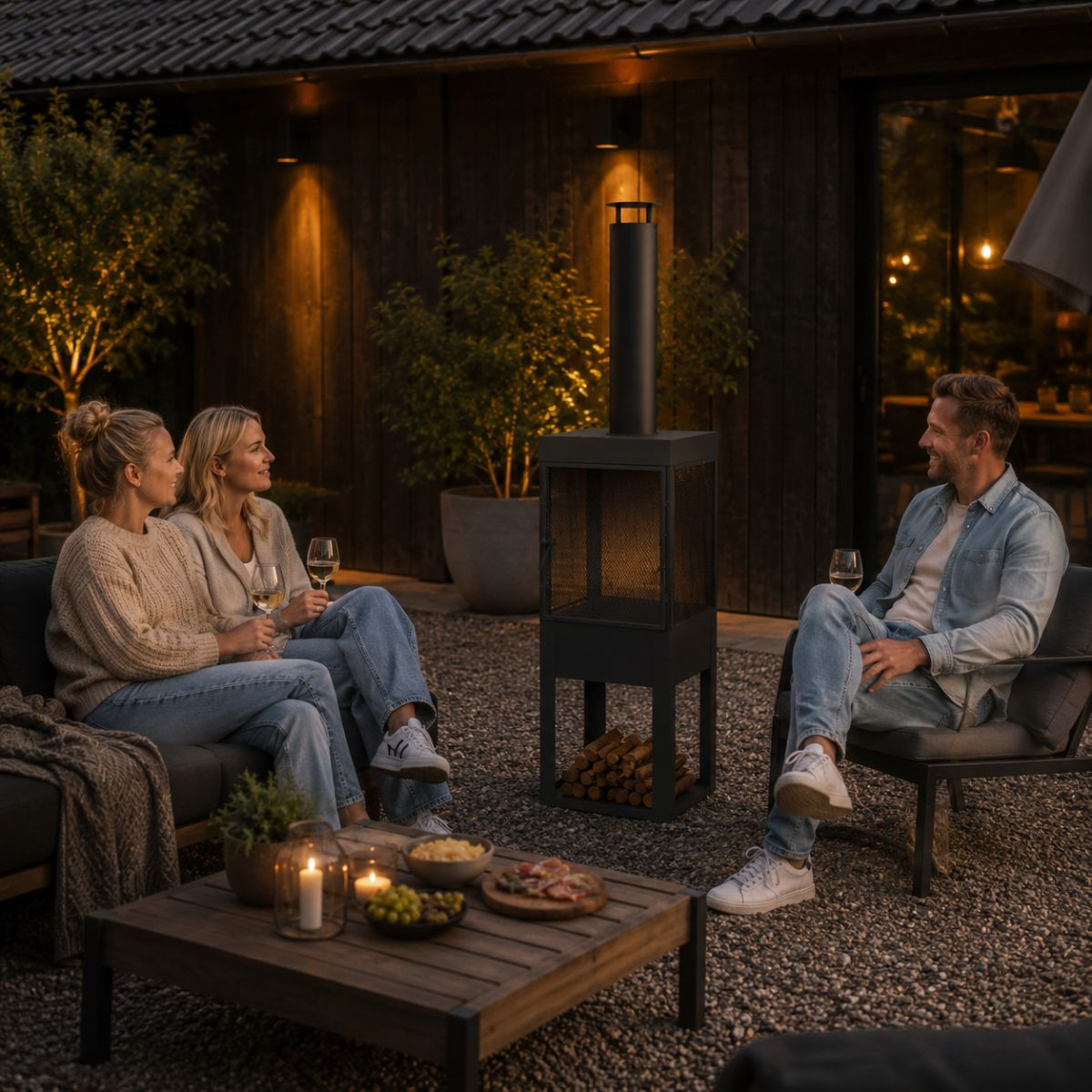 Three people relax outdoors in the evening with candlelight and wine.