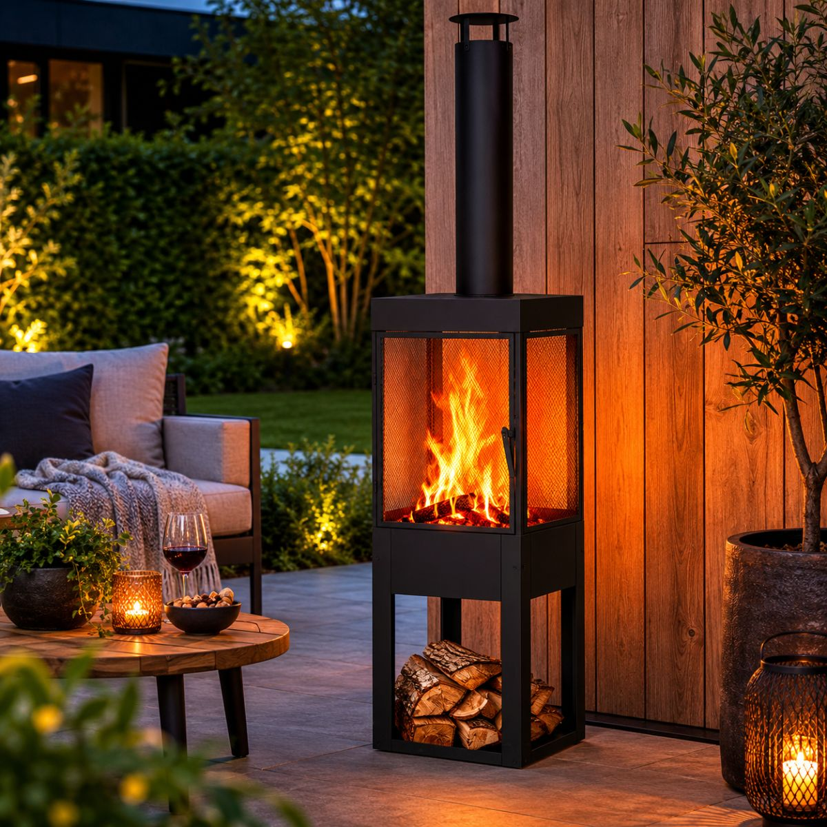 A modern fireplace with a fire burning stands on a patio next to a table and sofa.