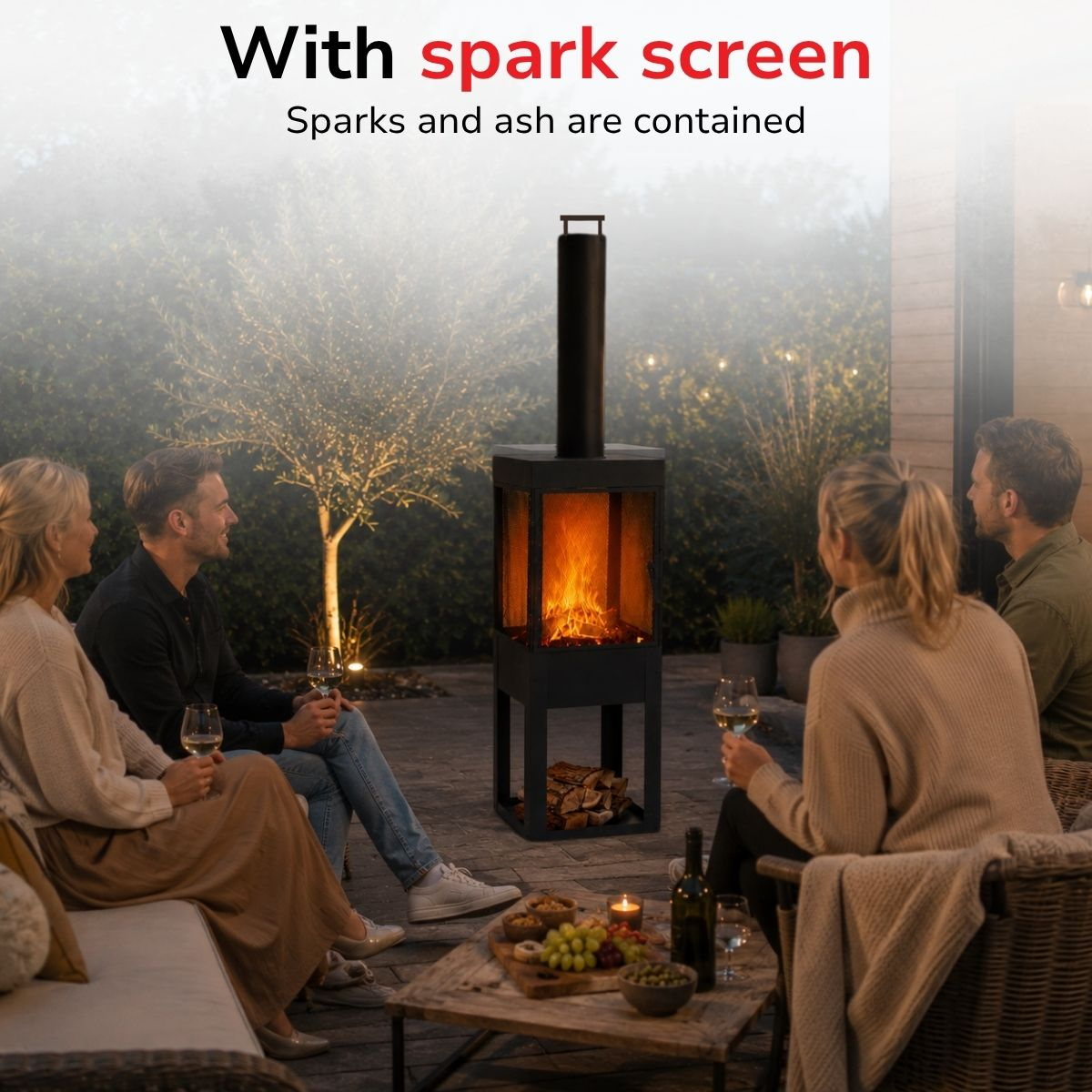 Four people sit outdoors around a fire. A coffee table is in front of them.