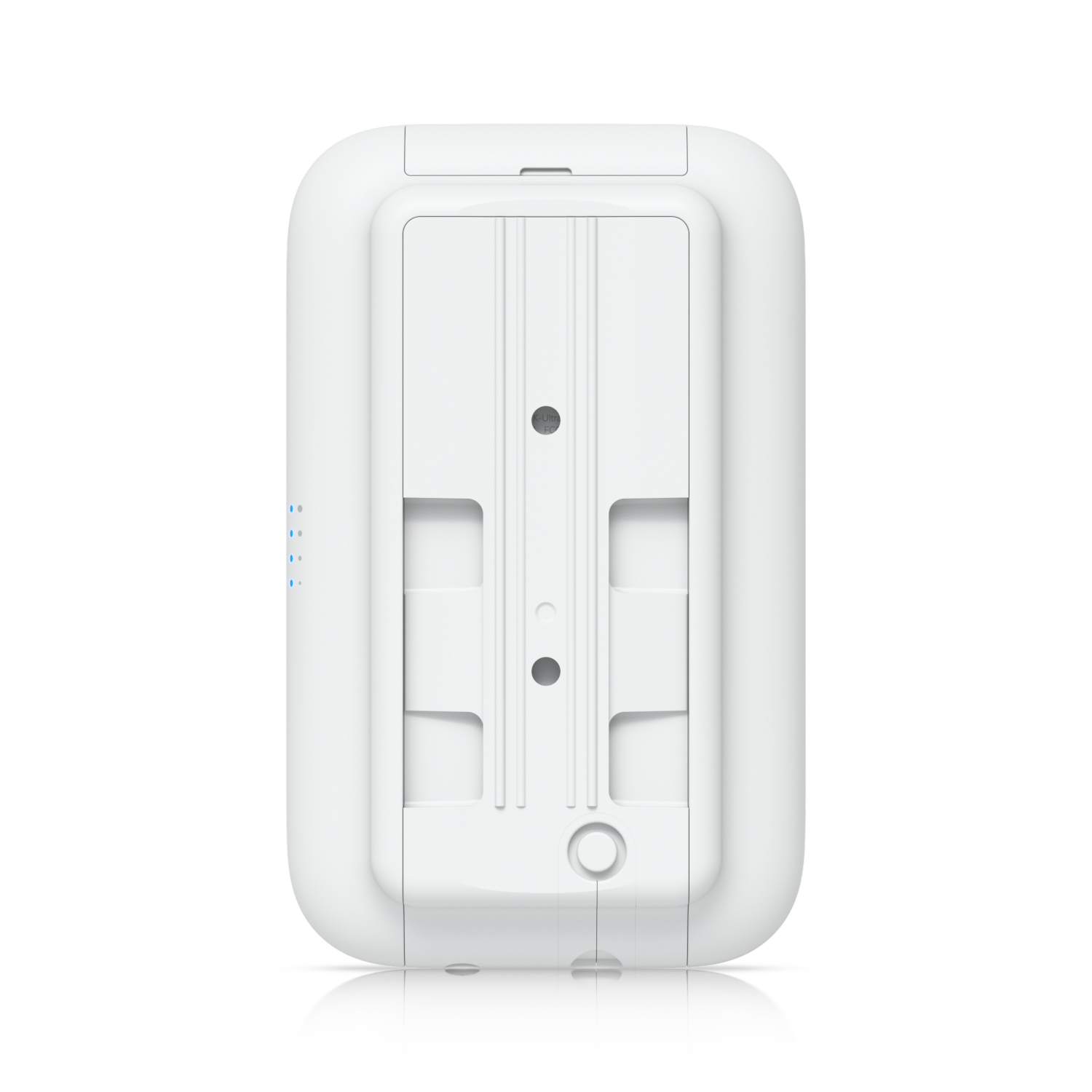 Back of a white rectangular device with mounting plate and blue LEDs.