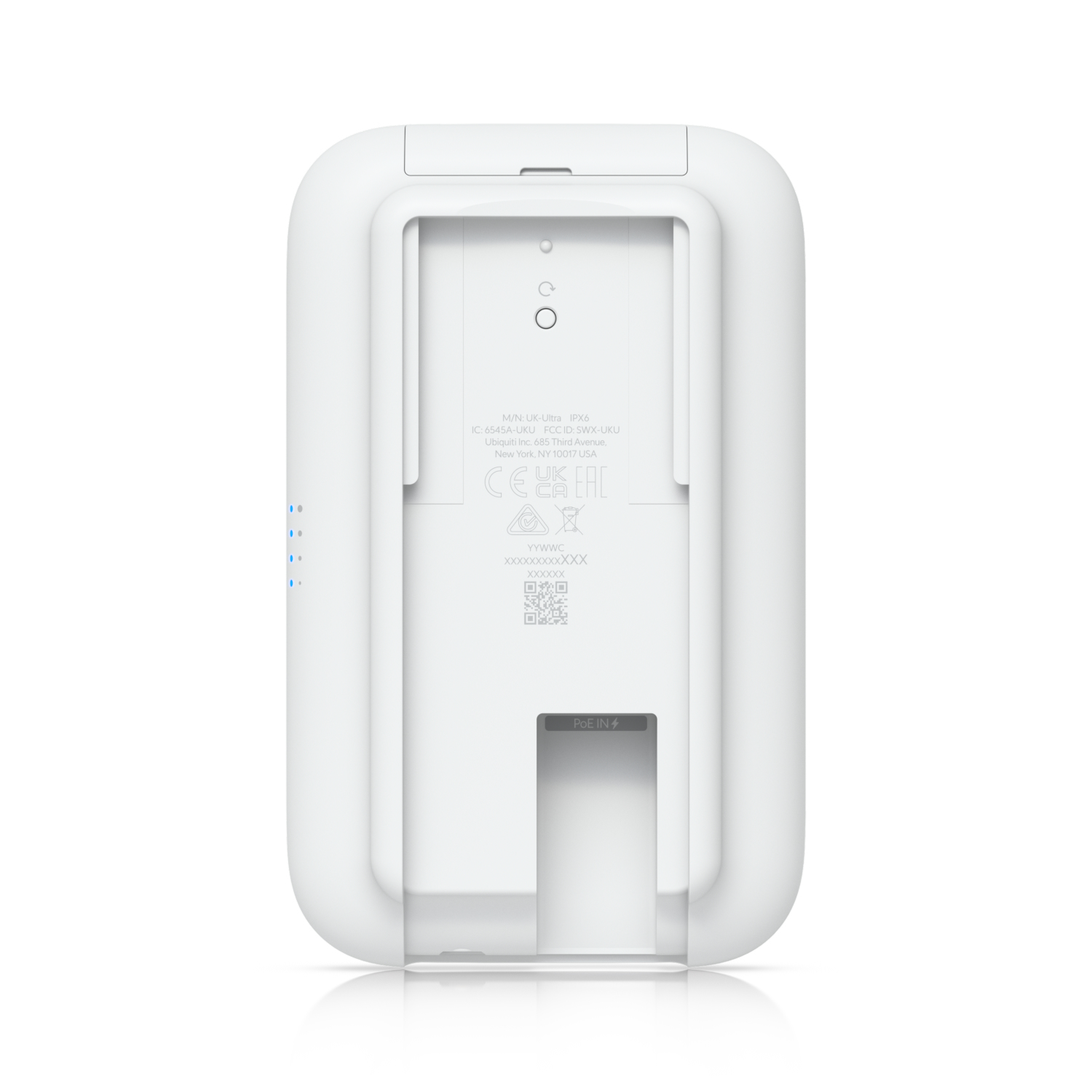 White Ubiquiti network device back with print.