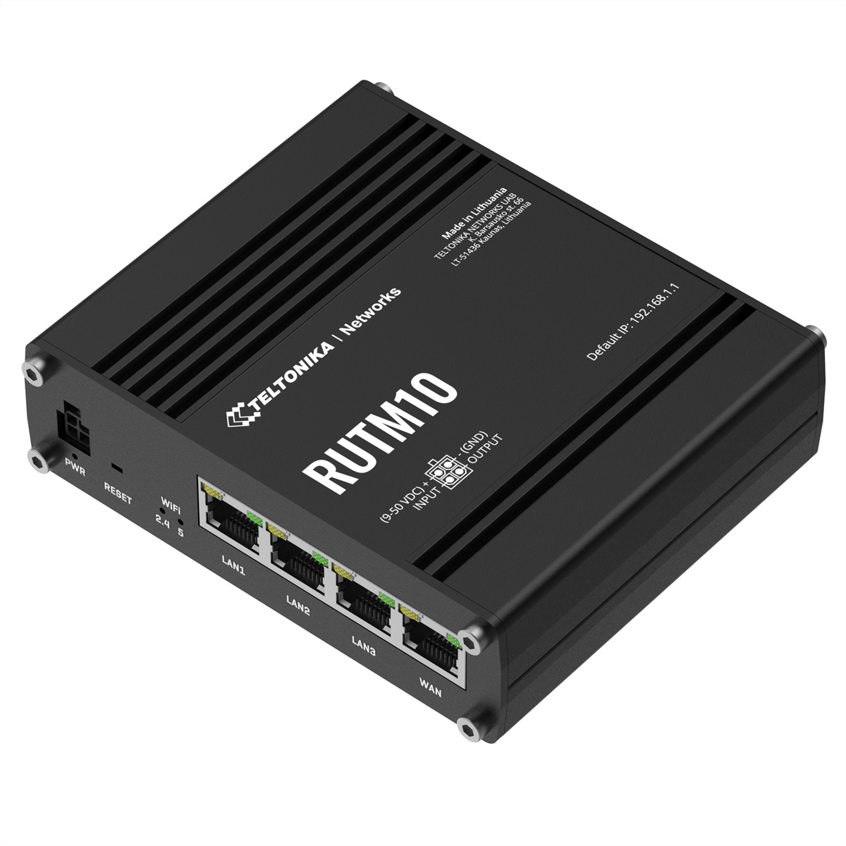 A black Teltonika RUTM10 router with multiple LAN ports and a power connector.