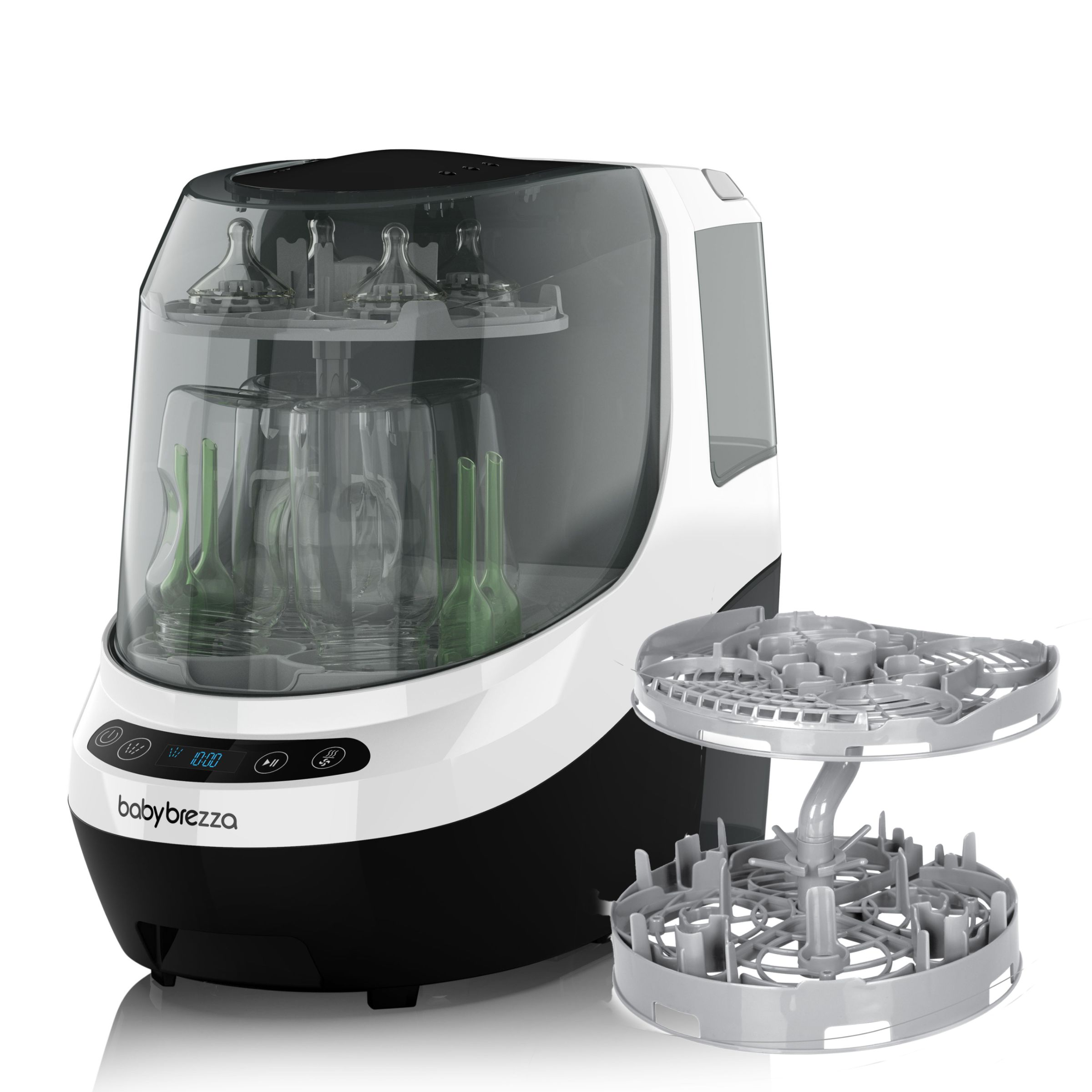 Baby Brezza Sterilisator mit Flaschen darin und einem abnehmbaren Trockenständer.