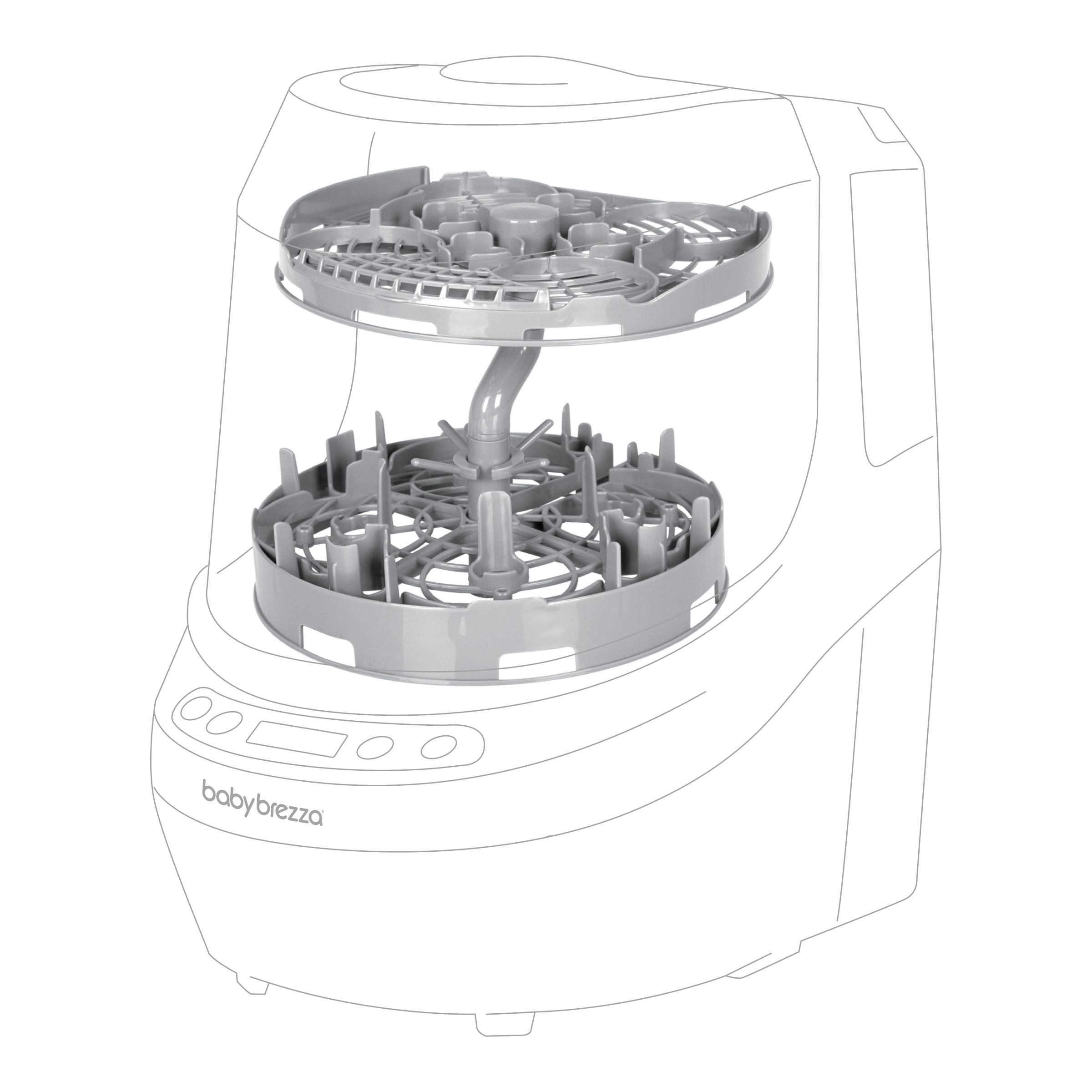 Grauer Baby Flaschensterilisator mit zwei Ebenen und Bedienelementen.