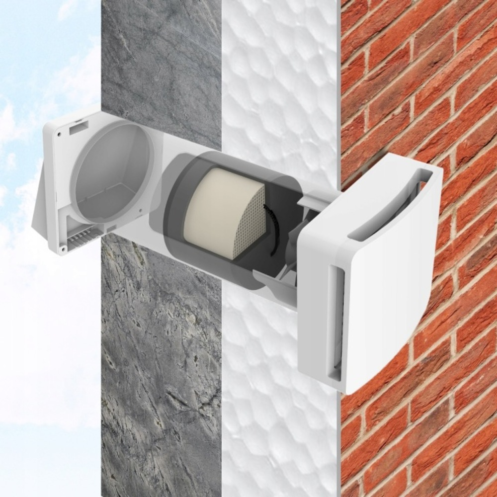 Biała jednostka wentylacyjna z elementem filtrującym, osadzona w różnych materiałach ściennych.