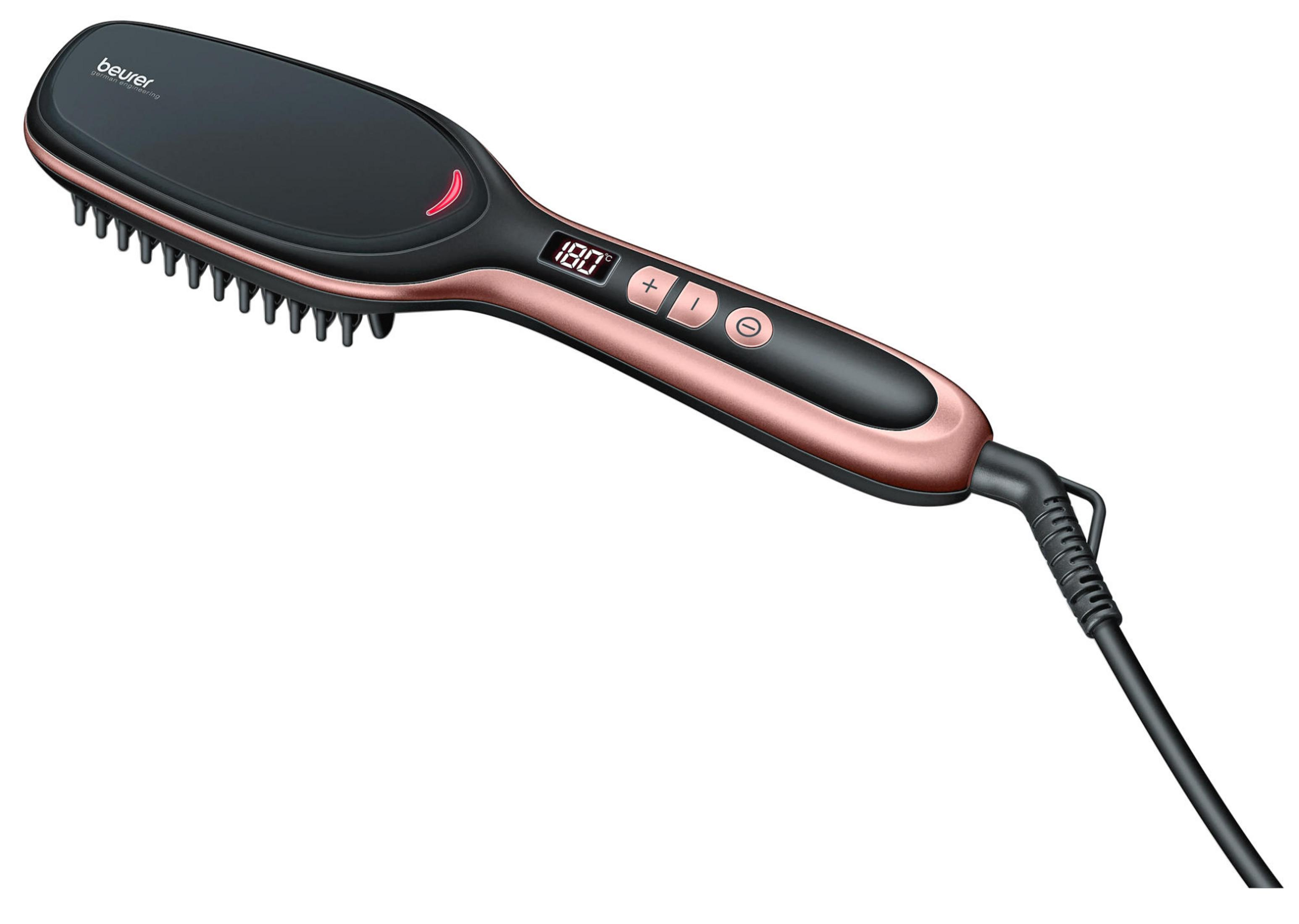 Cepillo alisador de pelo negro y oro rosa con pantalla digital de temperatura.