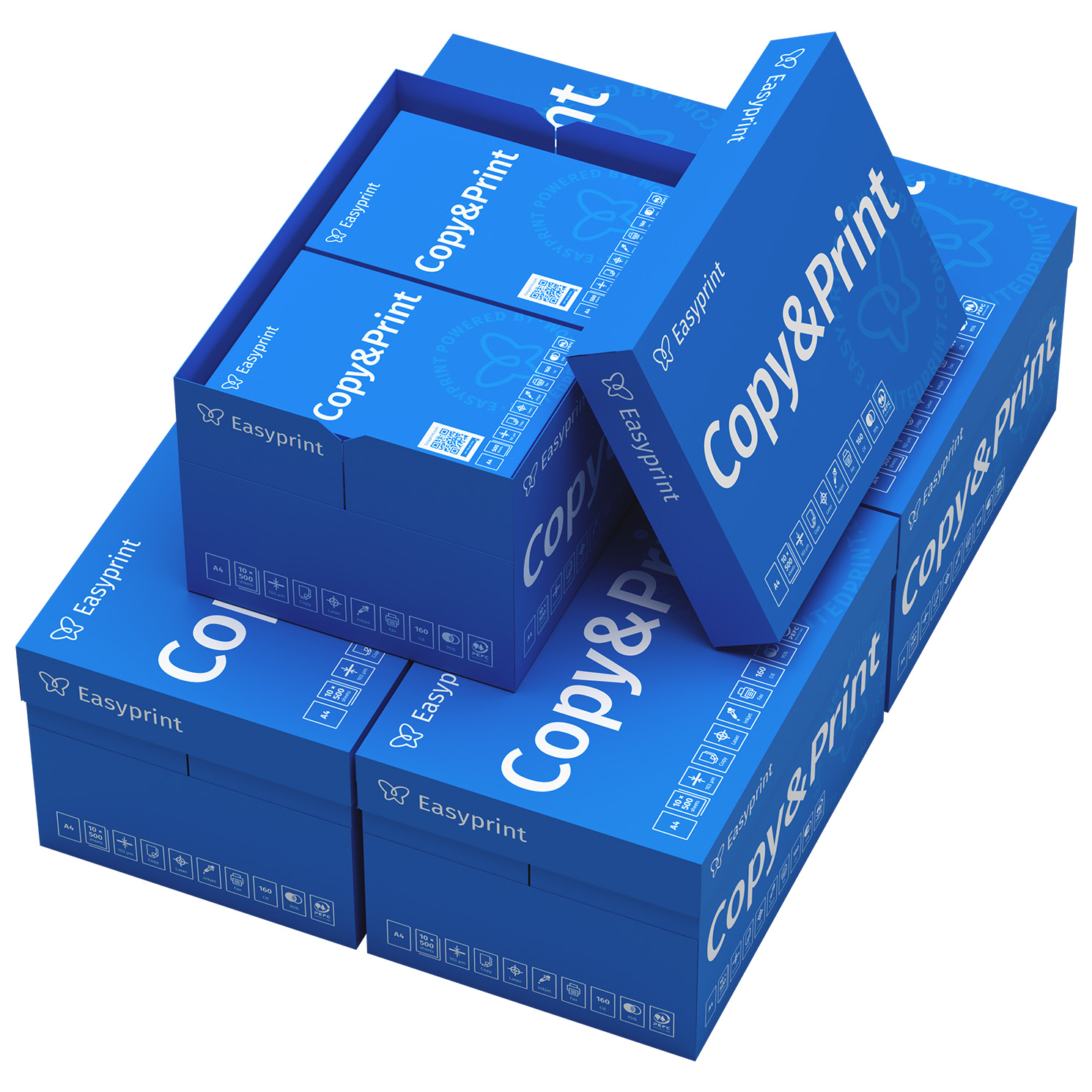 Mehrere blaue Kartons mit Easyprint Copy&Print Papier, gestapelt.