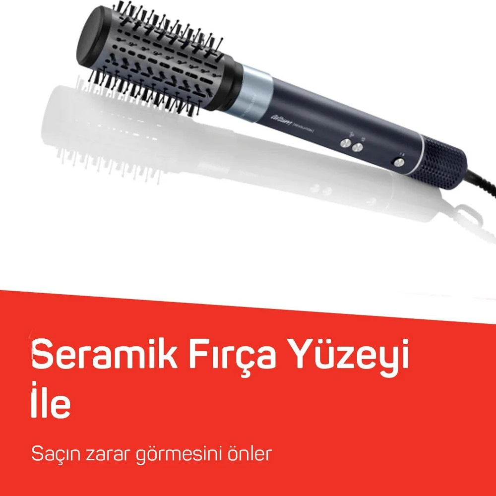 Fırça aparatlı, yansıtıcı yüzeyli koyu renk saç kurutma makinesi.