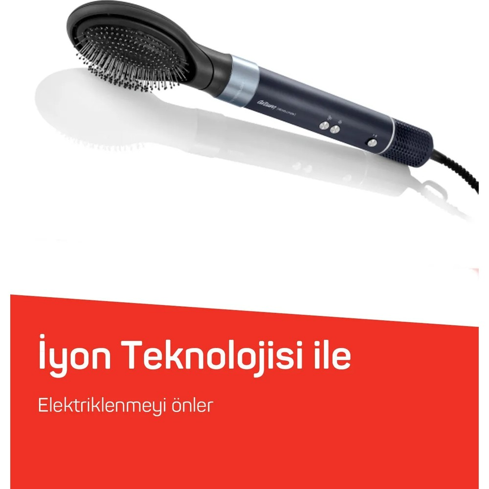 Fırça başlıklı, yansıtıcı saplı koyu renkli saç kurutma makinesi.
