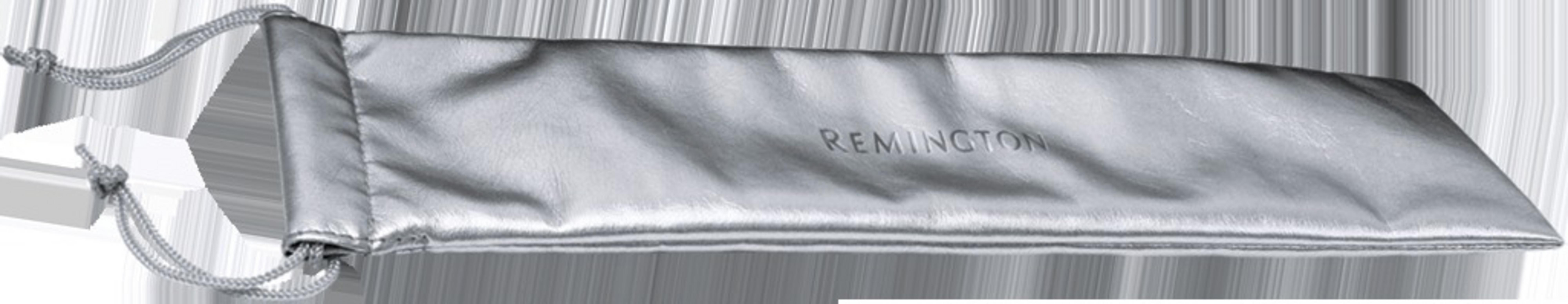 Pochette Remington argentée avec cordon. Sur fond blanc.