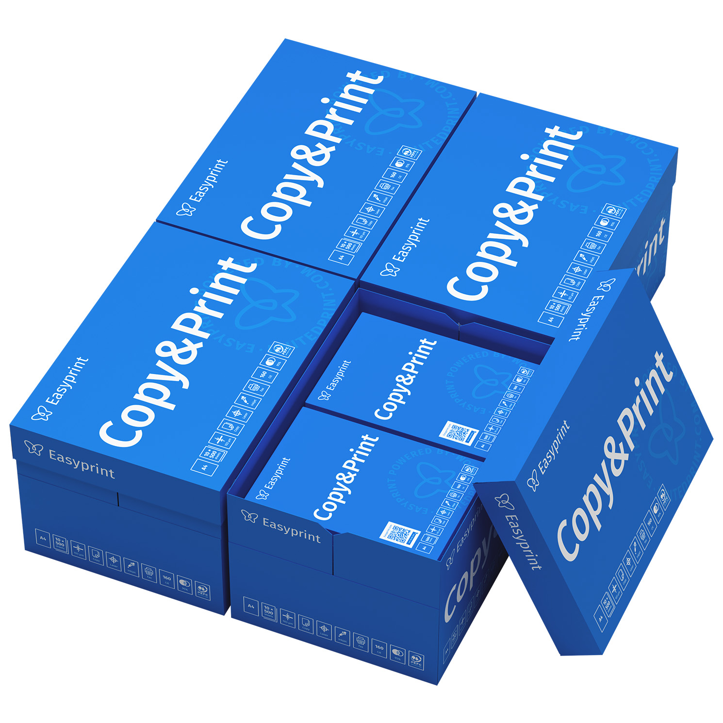 Mehrere blaue Kartons mit Easyprint Copy & Print Papier, teils gestapelt.