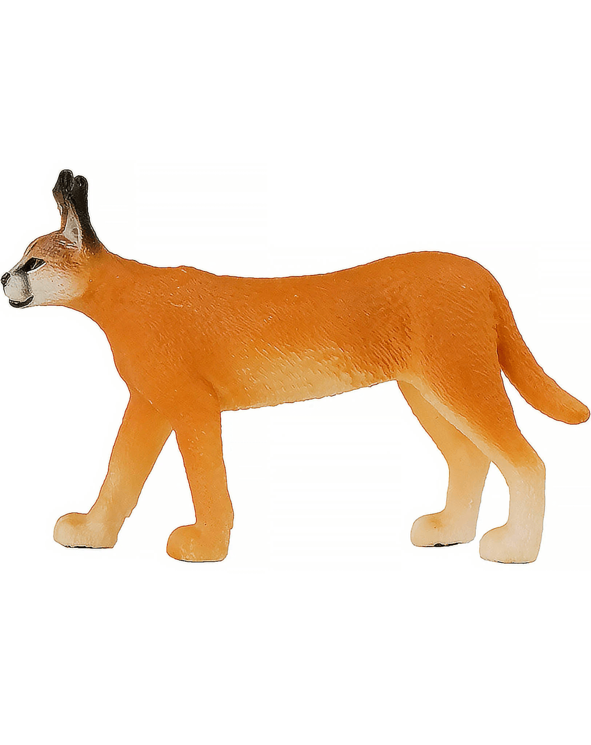 Un gatto giocattolo arancione con punte nere sulle orecchie su sfondo bianco.