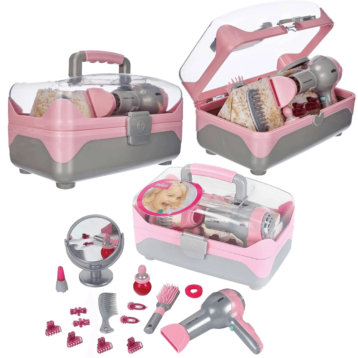 Ein rosa und grauer Kosmetikkoffer mit Spielzeug-Haartrockner und Zubehör.