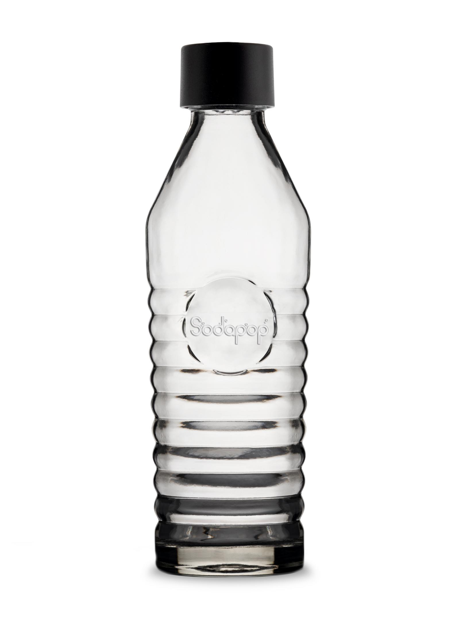 Klare Glasflasche mit geripptem Körper und schwarzem Deckel.