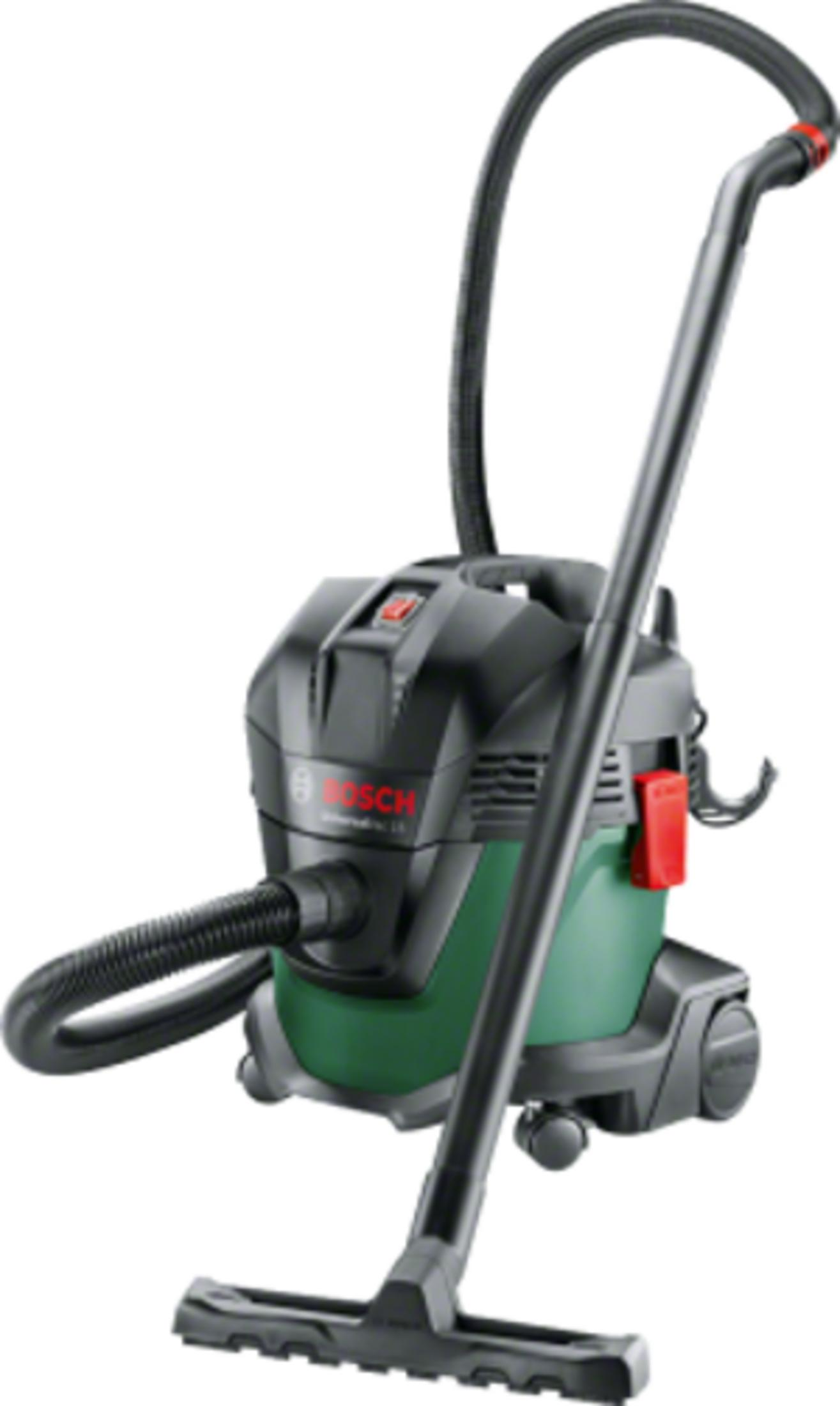 Aspirapolvere Bosch verde e nero per liquidi e solidi con tubo e bocchetta.