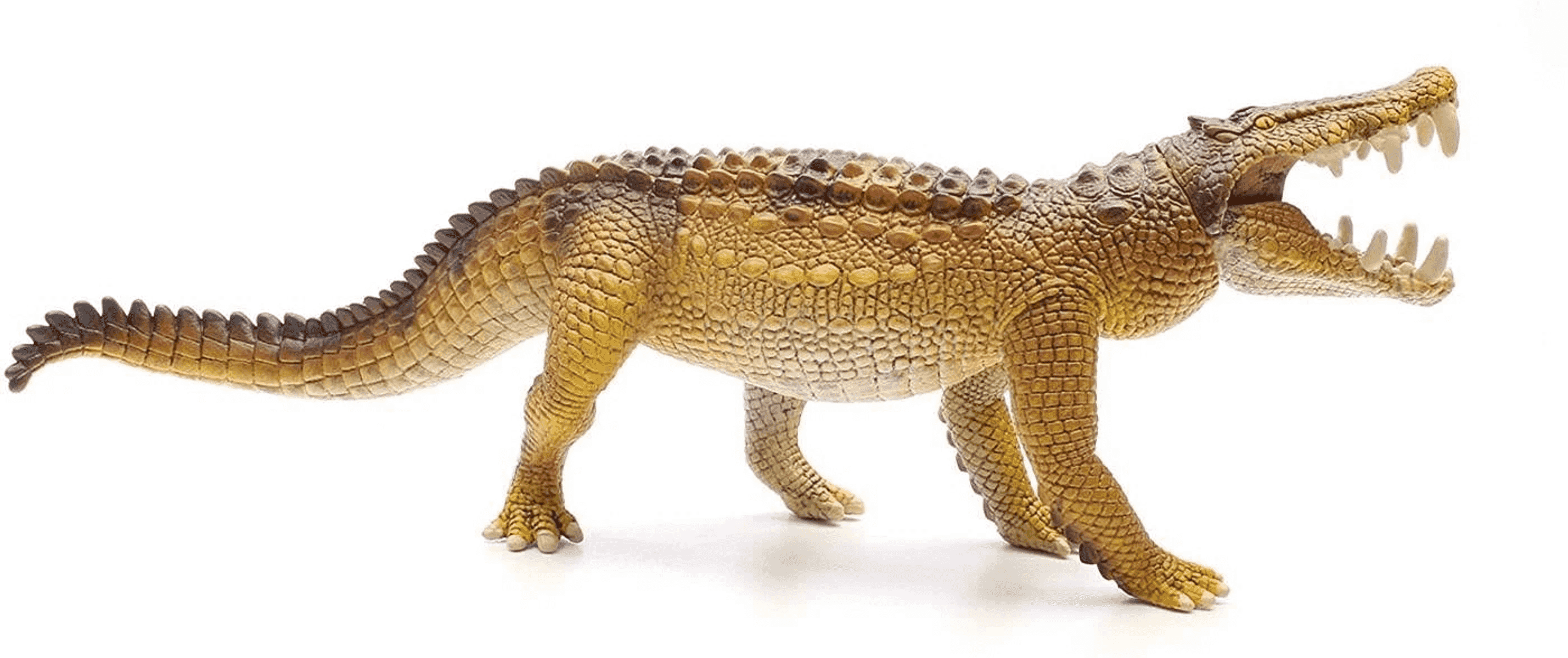 Figura di coccodrillo giallo con bocca aperta e denti bianchi su sfondo bianco.
