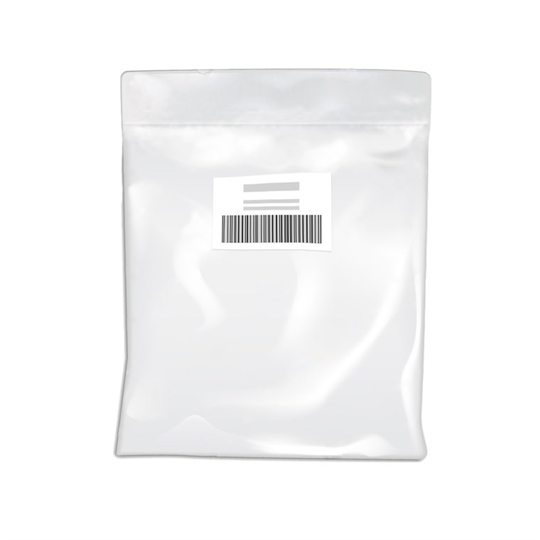 Een doorzichtige plastic zak met een etiket en een barcode erop.