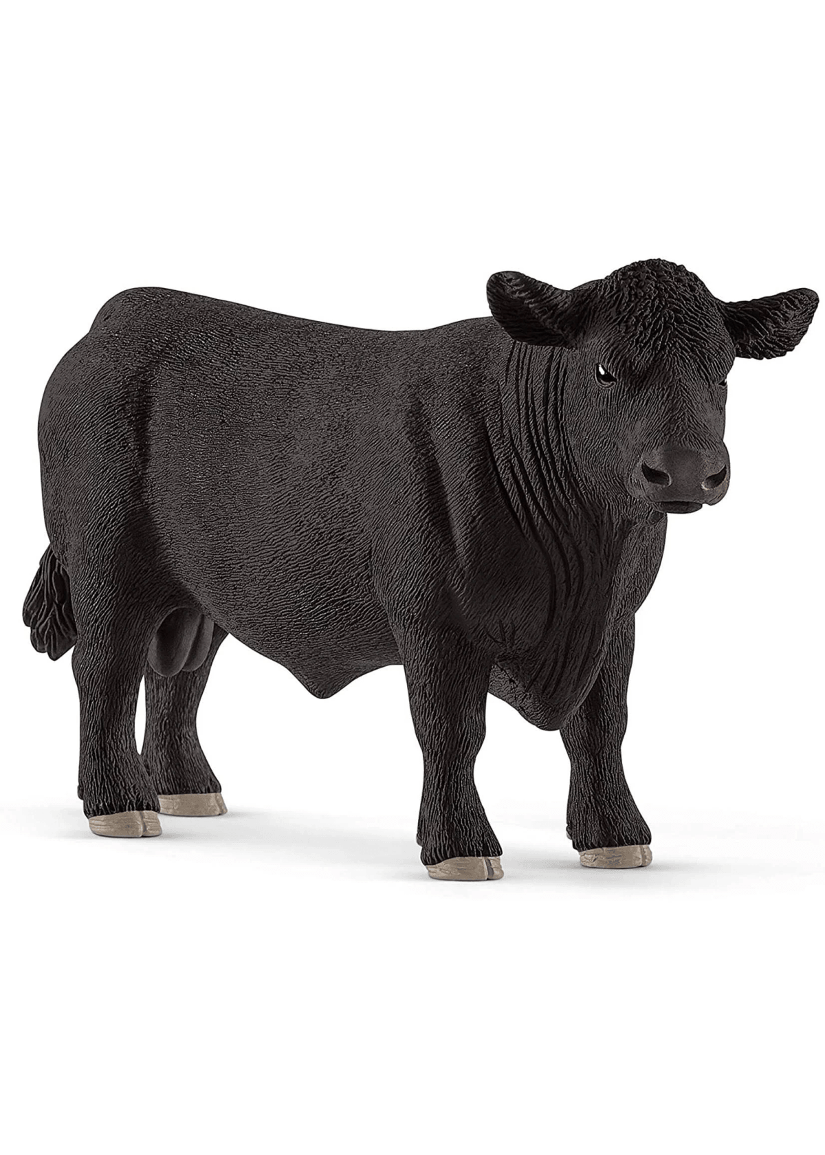 Un toro nero si erge su uno sfondo bianco.