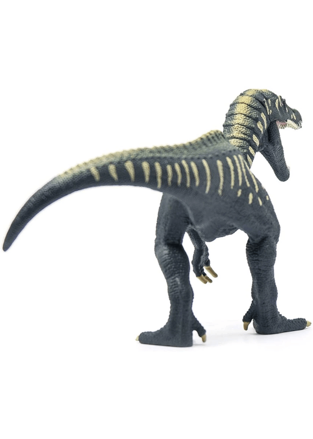 Giocattolo dinosauro scuro con strisce gialle e bocca aperta.