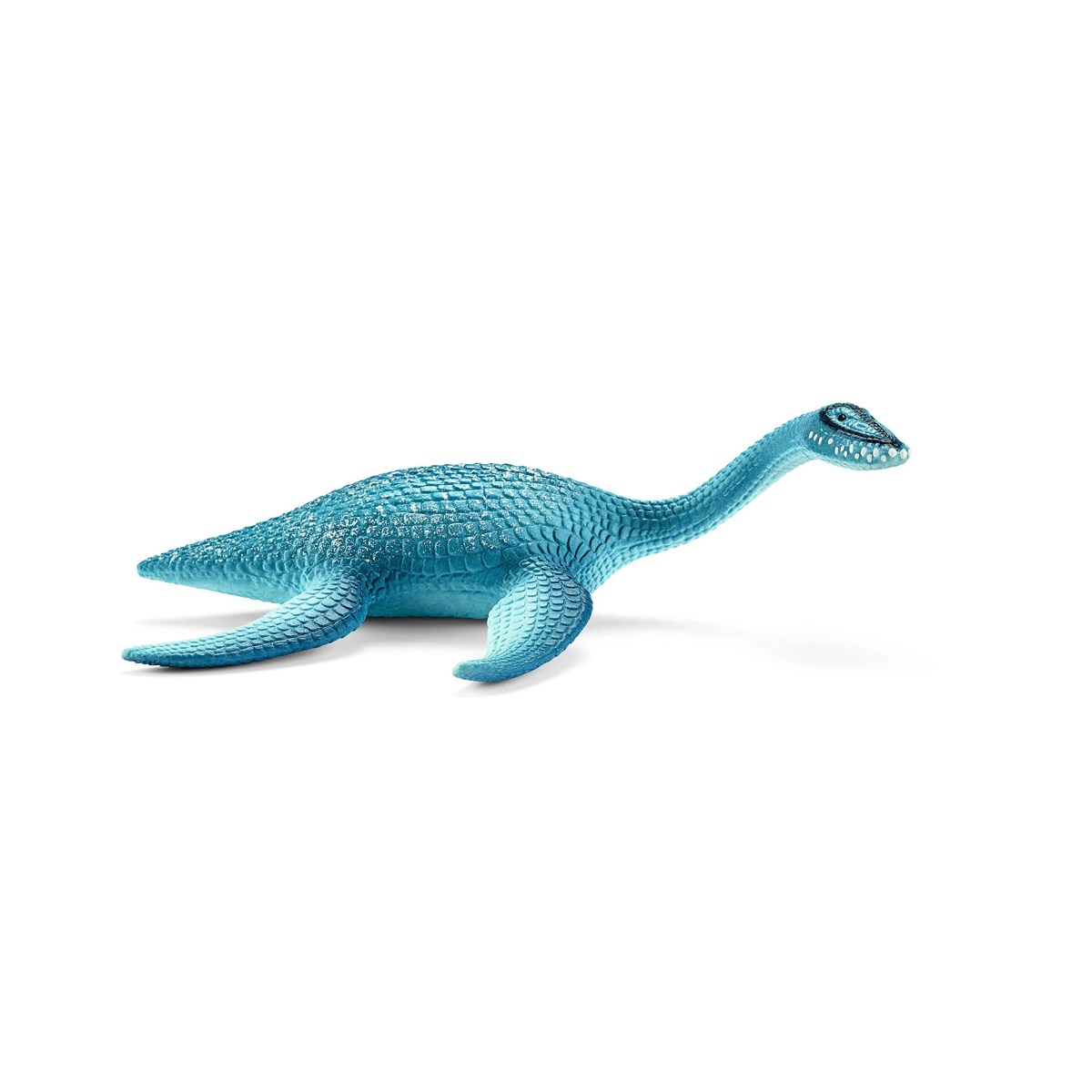 Ein blaues Plesiosaurus-Spielzeug mit langen Hals und Flossen liegt auf weißem Grund.