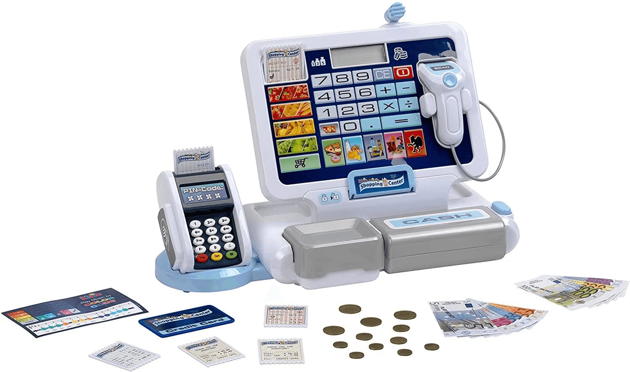 Spielzeugkasse mit Scanner, Spielgeld, Münzen und Kreditkarte.
